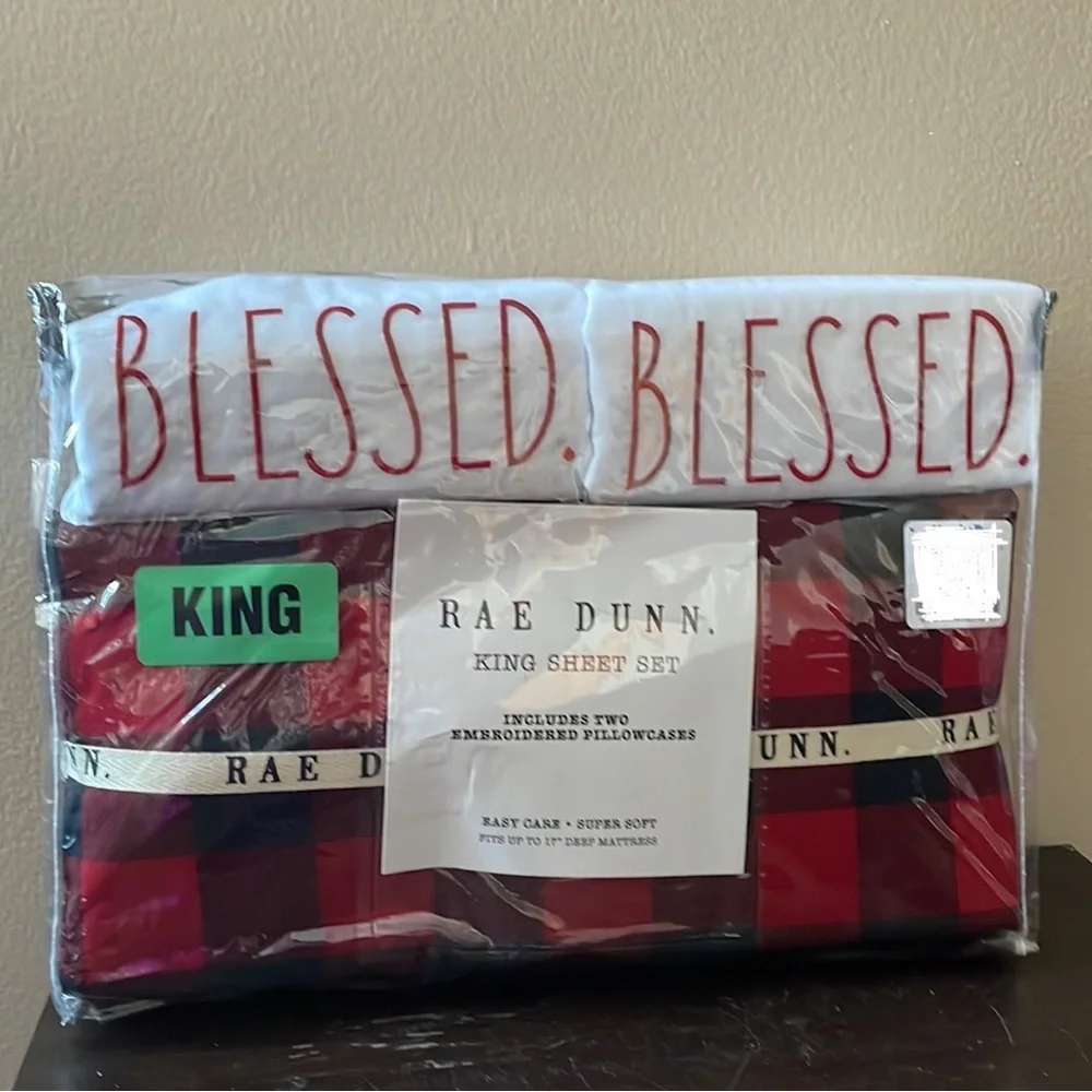 Rae Dunn BLESSED King Sheet Set w Pillow Cases Buffalo Plaid Red Christmas Fall